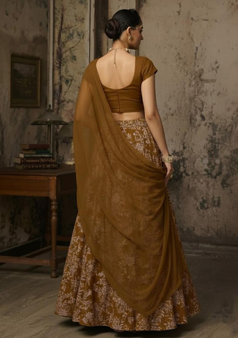 Brown Embroidered Crepe Lehenga Set - Indya
