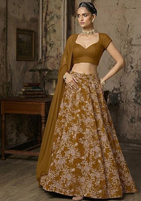 Brown Embroidered Crepe Lehenga Set