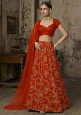 Rust Embroidered Crepe Lehenga Set