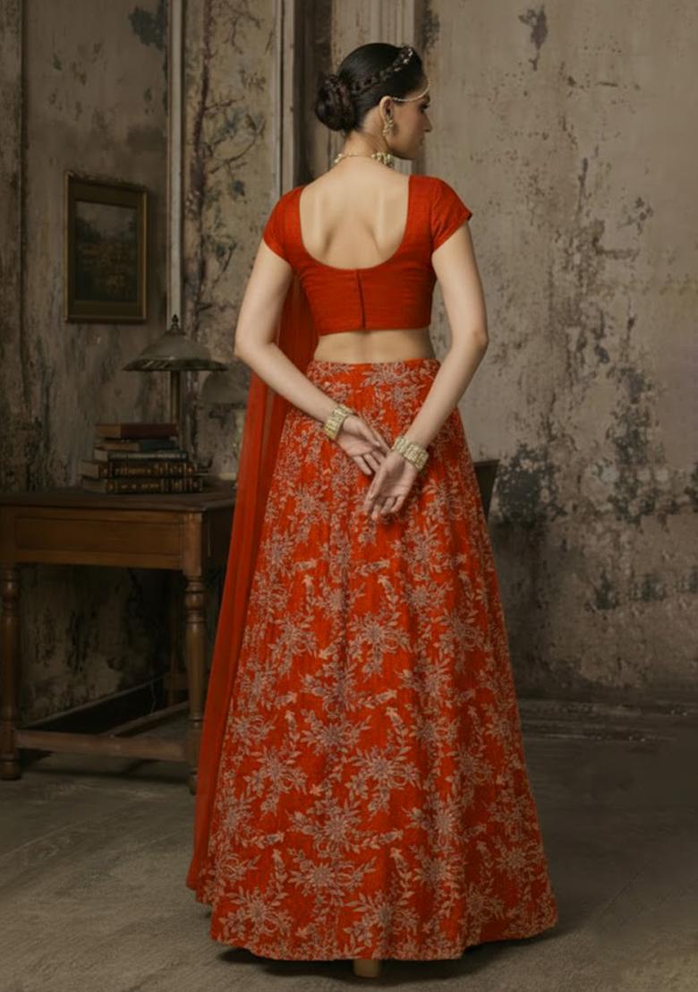 Rust Embroidered Crepe Lehenga Set - Indya