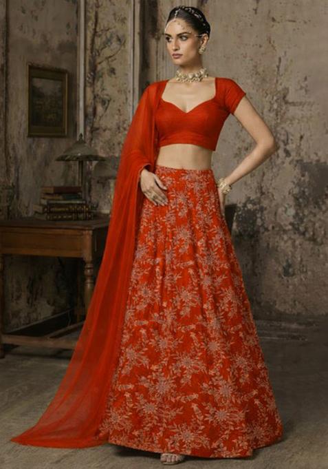 Rust Embroidered Crepe Lehenga Set