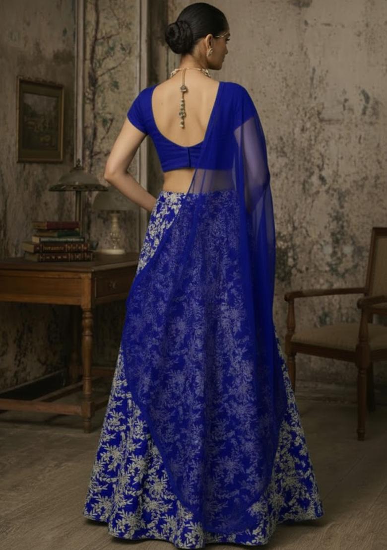 Royal Blue Embroidered Crepe Lehenga Set - Indya