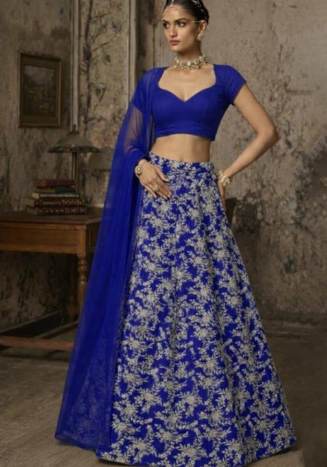 Royal Blue Embroidered Crepe Lehenga Set