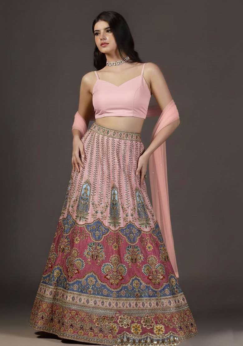 Blush Pink Embroidered Crepe Lehenga Set - Indya