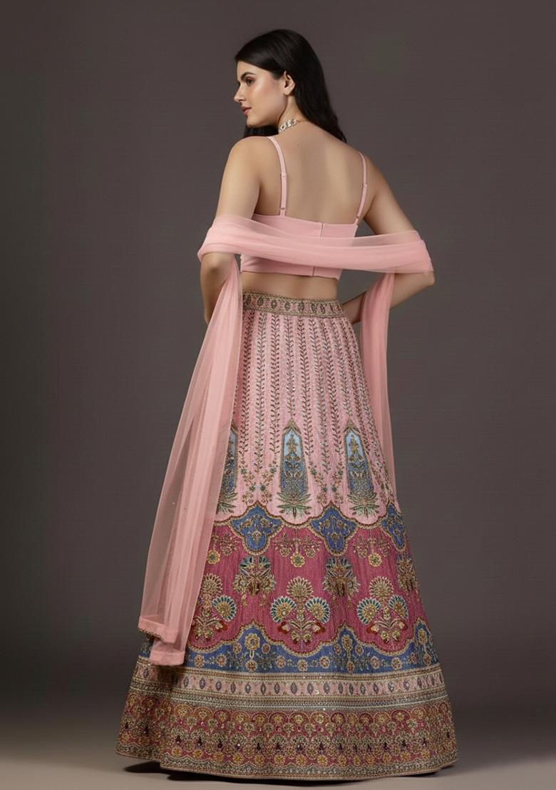 Blush Pink Embroidered Crepe Lehenga Set - Indya