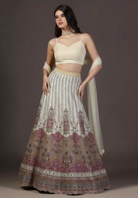 Off White Embroidered Crepe Lehenga Set