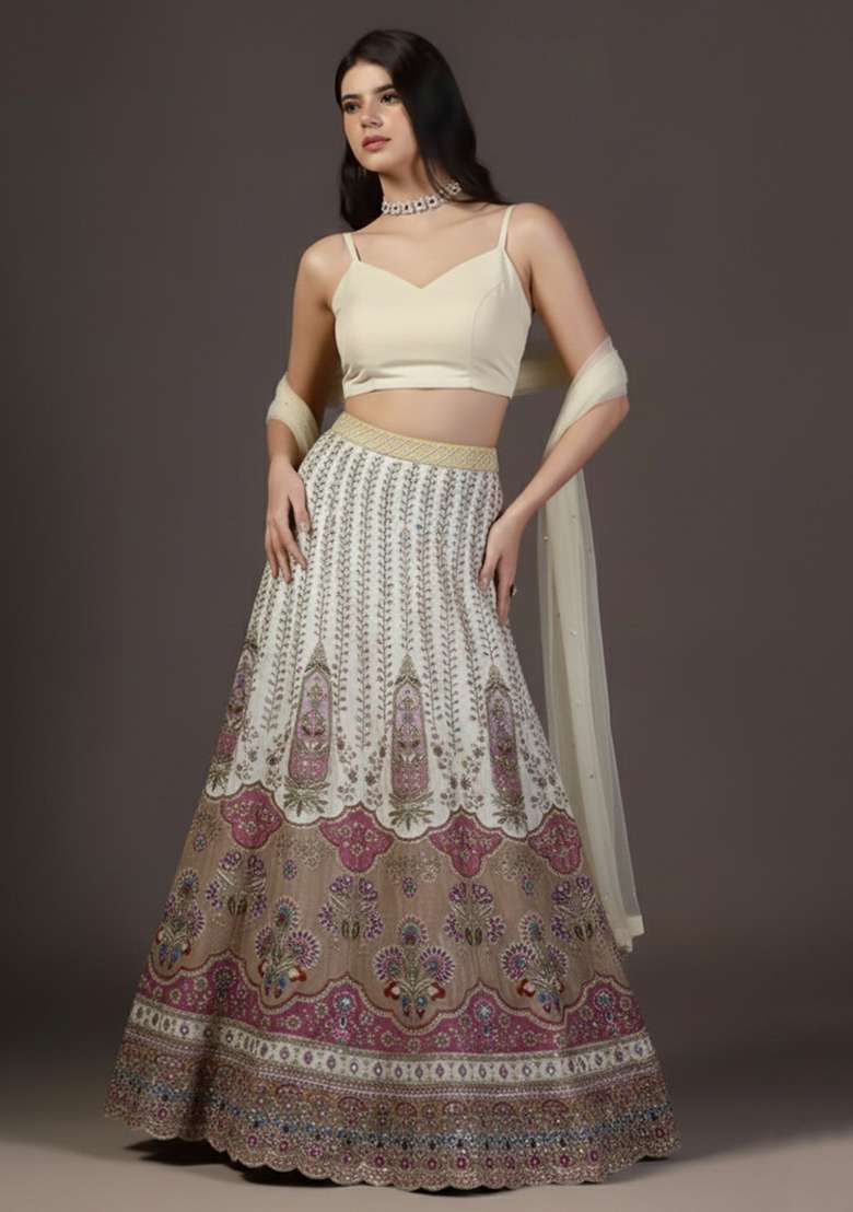 Off White Embroidered Crepe Lehenga Set - Indya