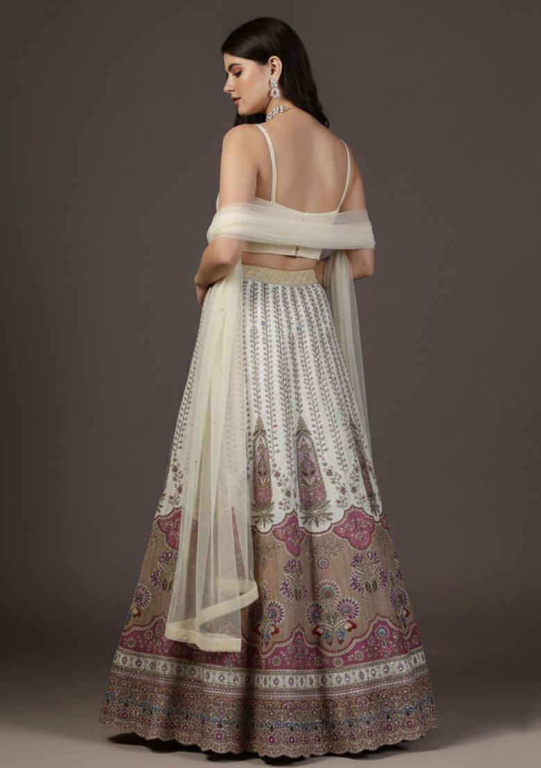 Off White Embroidered Crepe Lehenga Set - Indya