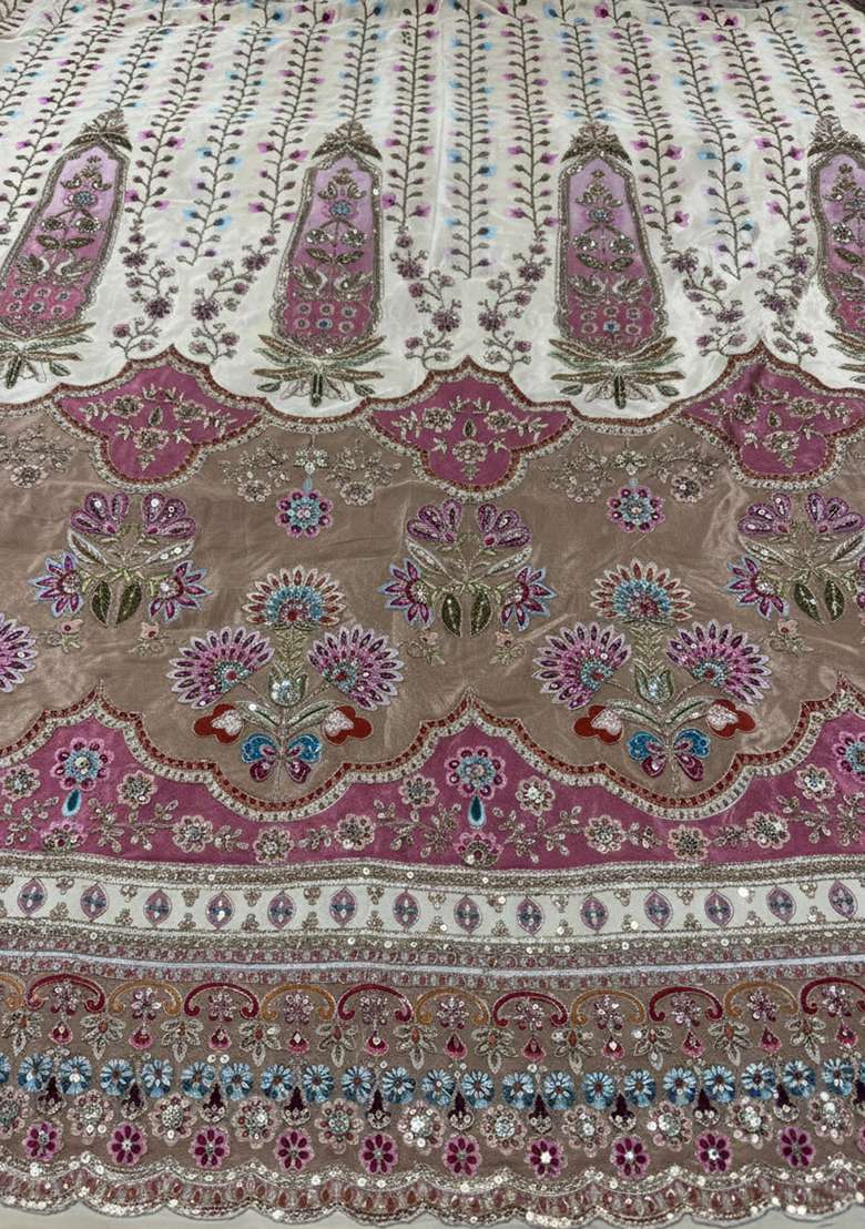 Off White Embroidered Crepe Lehenga Set - Indya