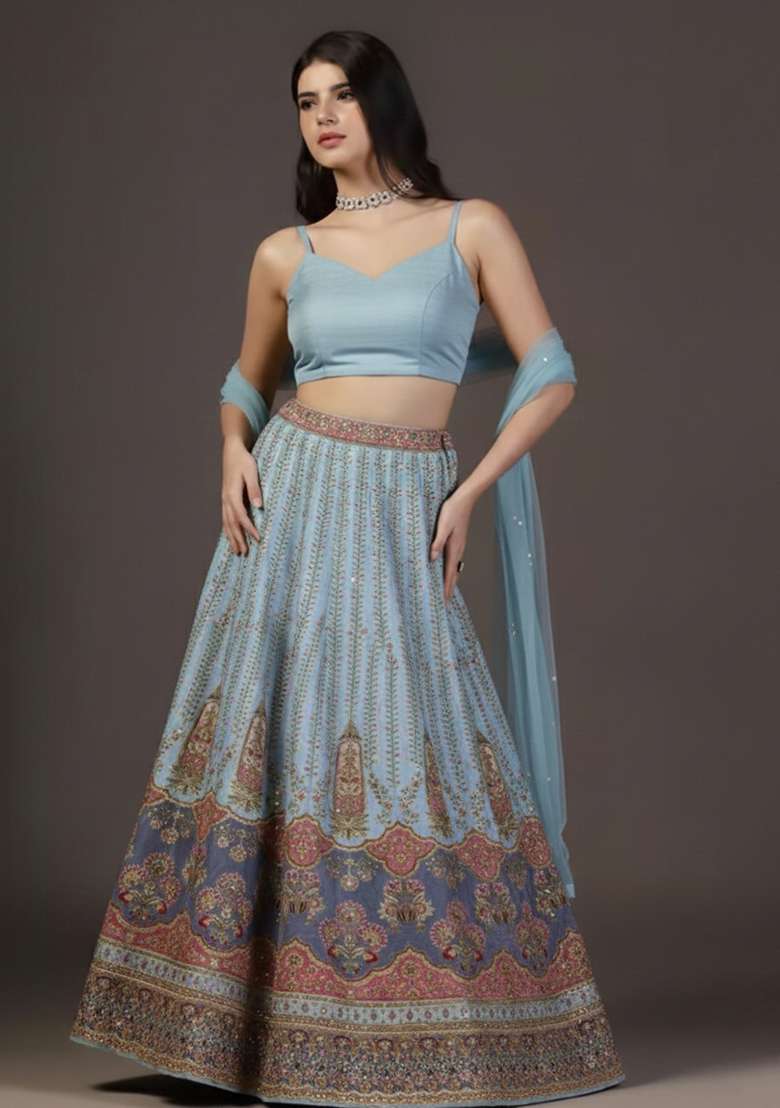 Powder Blue Embroidered Crepe Lehenga Set - Indya