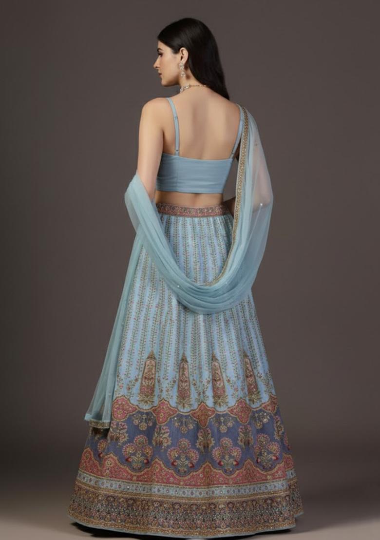 Powder Blue Embroidered Crepe Lehenga Set - Indya