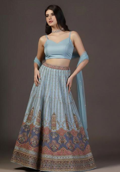 Powder Blue Embroidered Crepe Lehenga Set