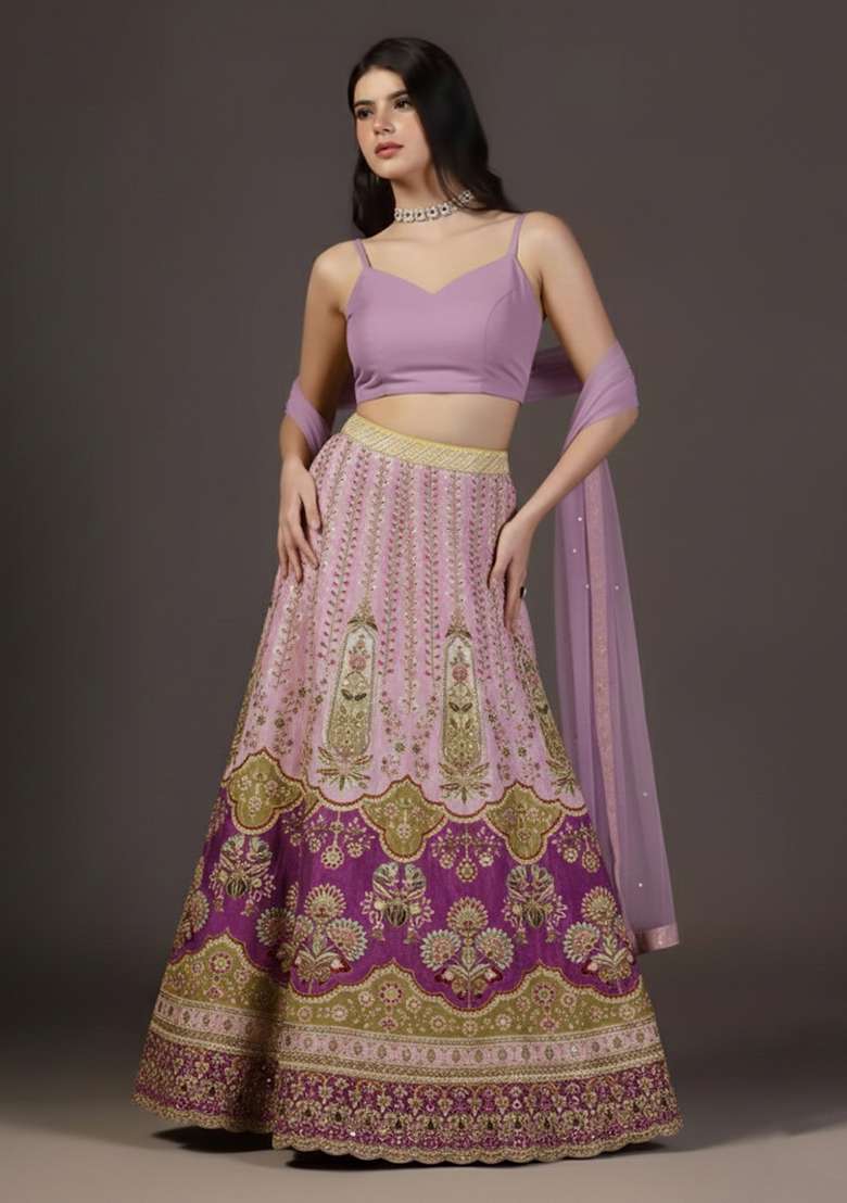 Lavender Embroidered Crepe Lehenga Set - Indya