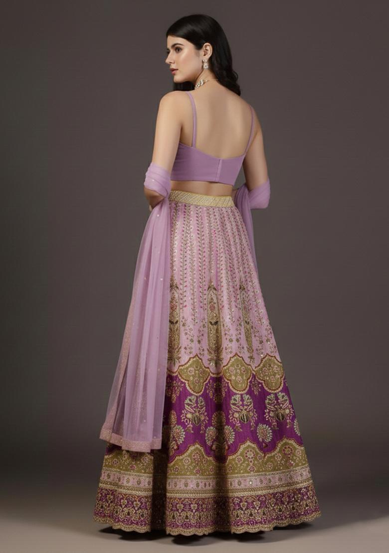 Lavender Embroidered Crepe Lehenga Set - Indya
