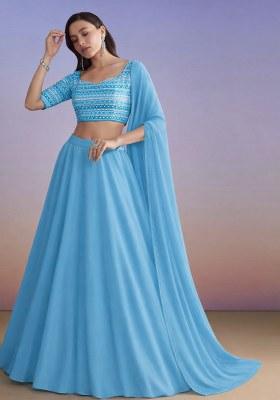Blue Embroidered Georgette Lehenga Set