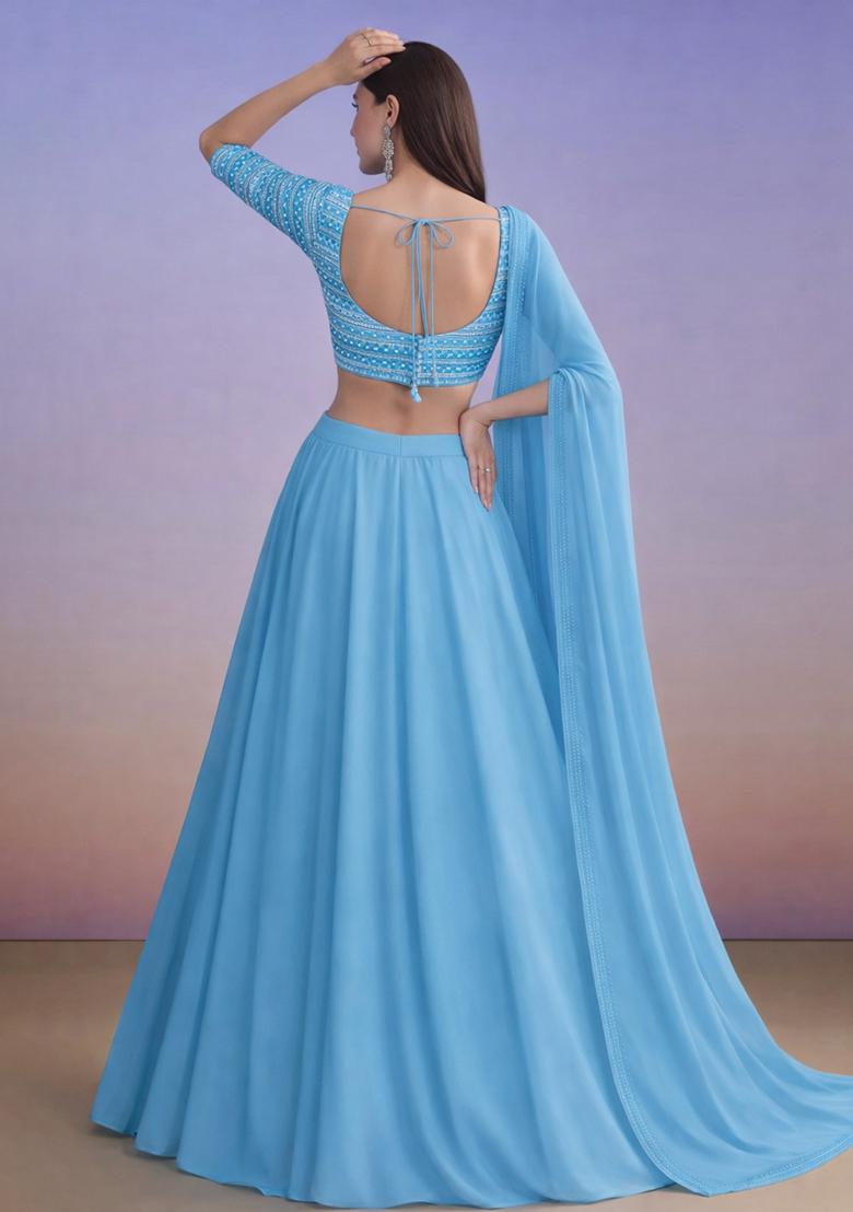 Blue Embroidered Georgette Lehenga Set - Indya