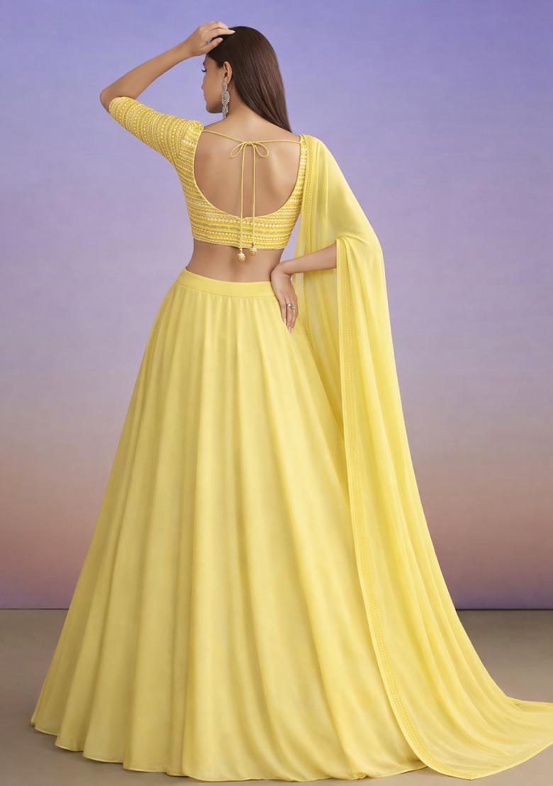 Yellow Embroidered Georgette Lehenga Set - Indya