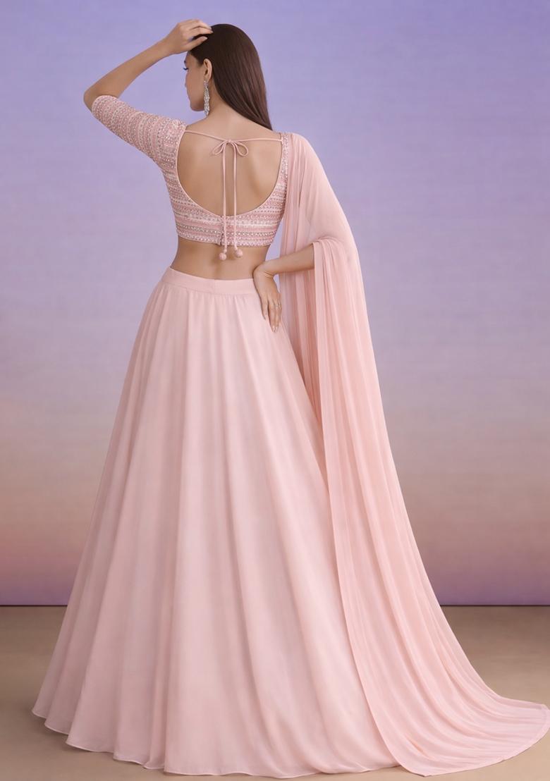 Soft Pink Embroidered Georgette Lehenga Set - Indya