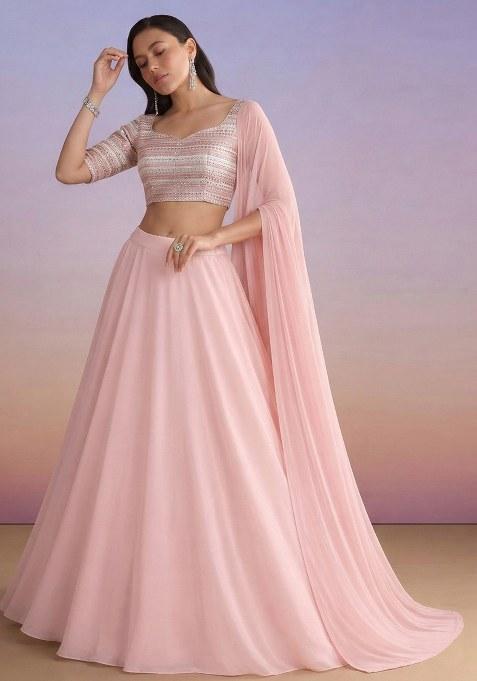 Soft Pink Embroidered Georgette Lehenga Set