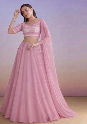 Pink Embroidered Georgette Lehenga Set