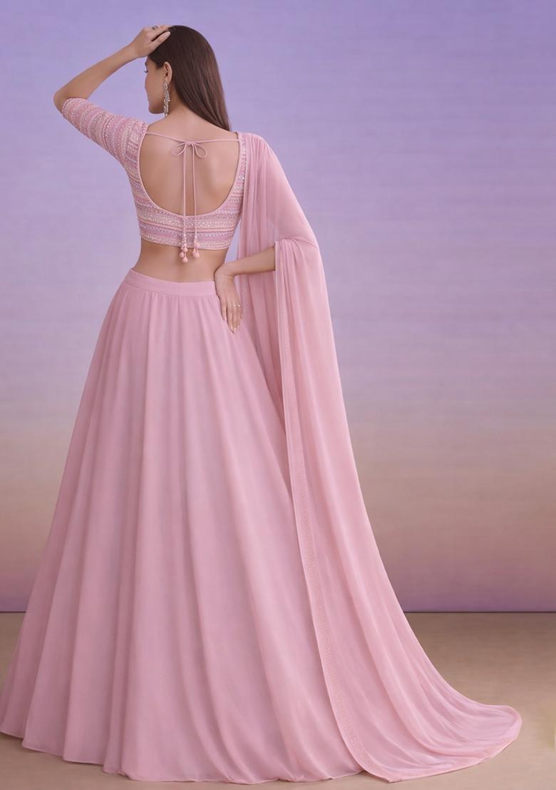 Pink Embroidered Georgette Lehenga Set - Indya