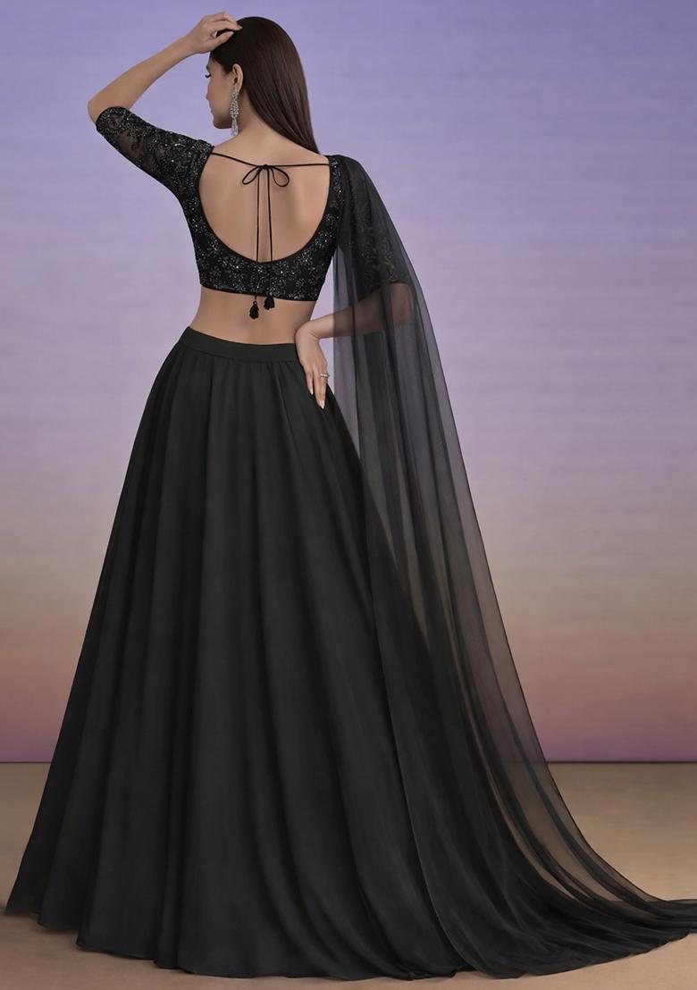 Black Embroidered Net Lehenga Set - Indya