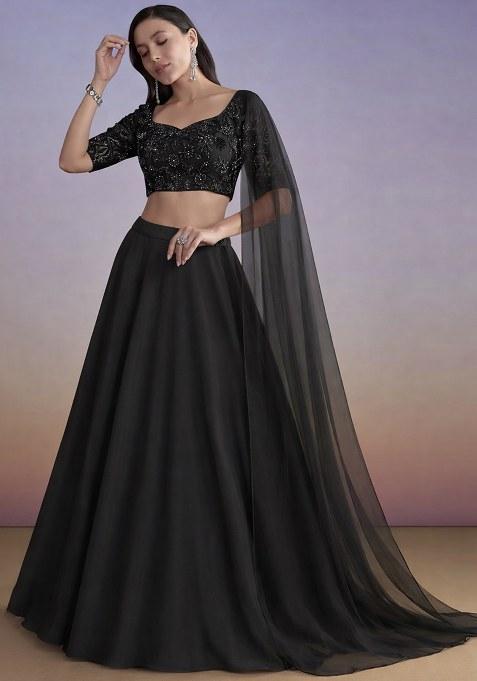 Black Embroidered Net Lehenga Set