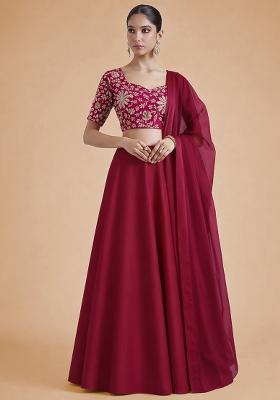 Rani Pink Floral Print Crepe Lehenga Set