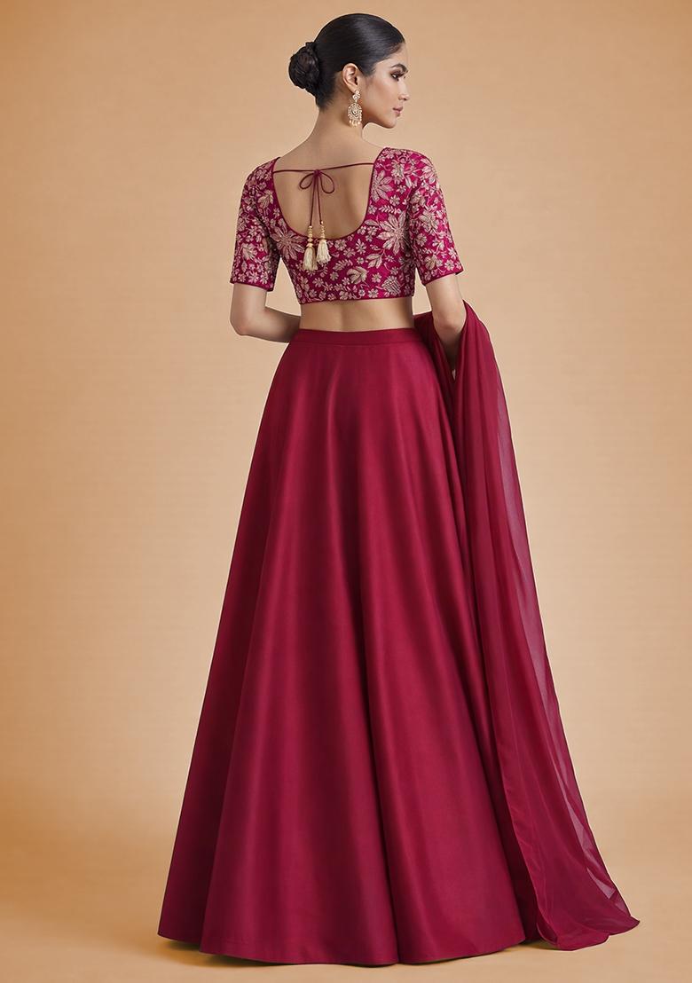 Rani Pink Floral Print Crepe Lehenga Set - Indya