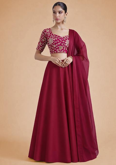 Rani Pink Floral Print Crepe Lehenga Set