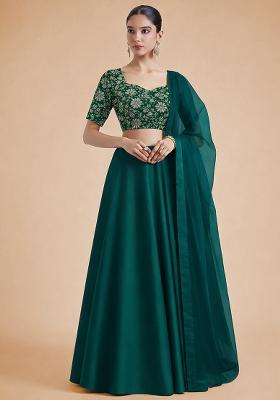 Bottle Green Floral Print Crepe Lehenga Set