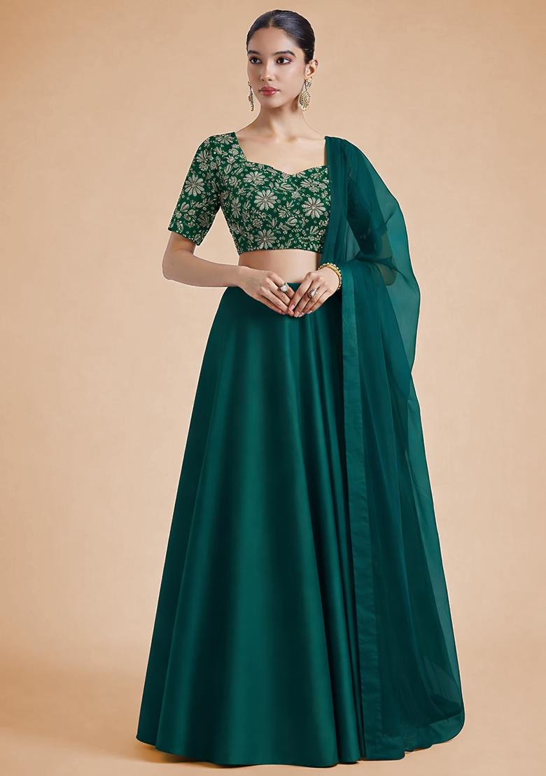 Bottle Green Floral Print Crepe Lehenga Set - Indya