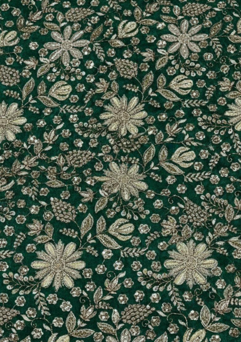 Bottle Green Floral Print Crepe Lehenga Set - Indya