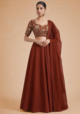 Brown Floral Print Crepe Lehenga Set