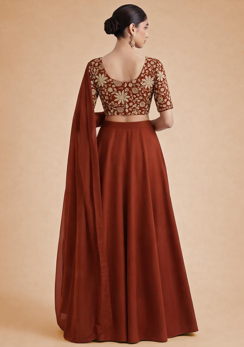 Brown Floral Print Crepe Lehenga Set - Indya