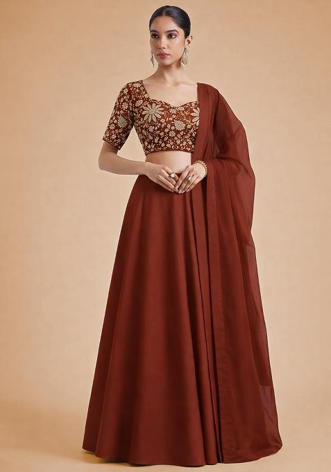 Brown Floral Print Crepe Lehenga Set