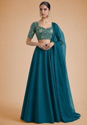 Peacock Green Floral Print Crepe Lehenga Set