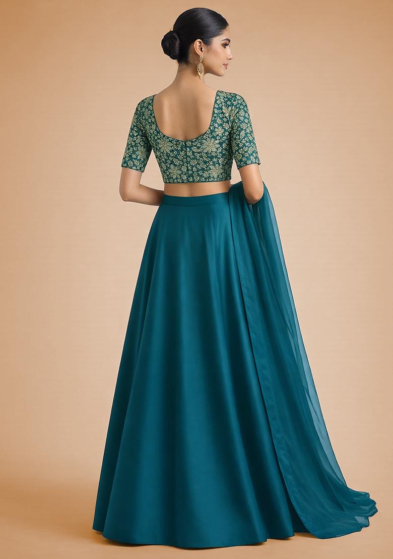 Peacock Green Floral Print Crepe Lehenga Set - Indya