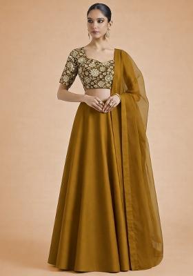 Mustard Floral Print Crepe Lehenga Set