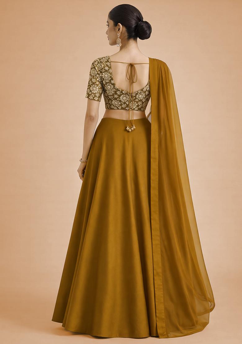 Mustard Floral Print Crepe Lehenga Set - Indya