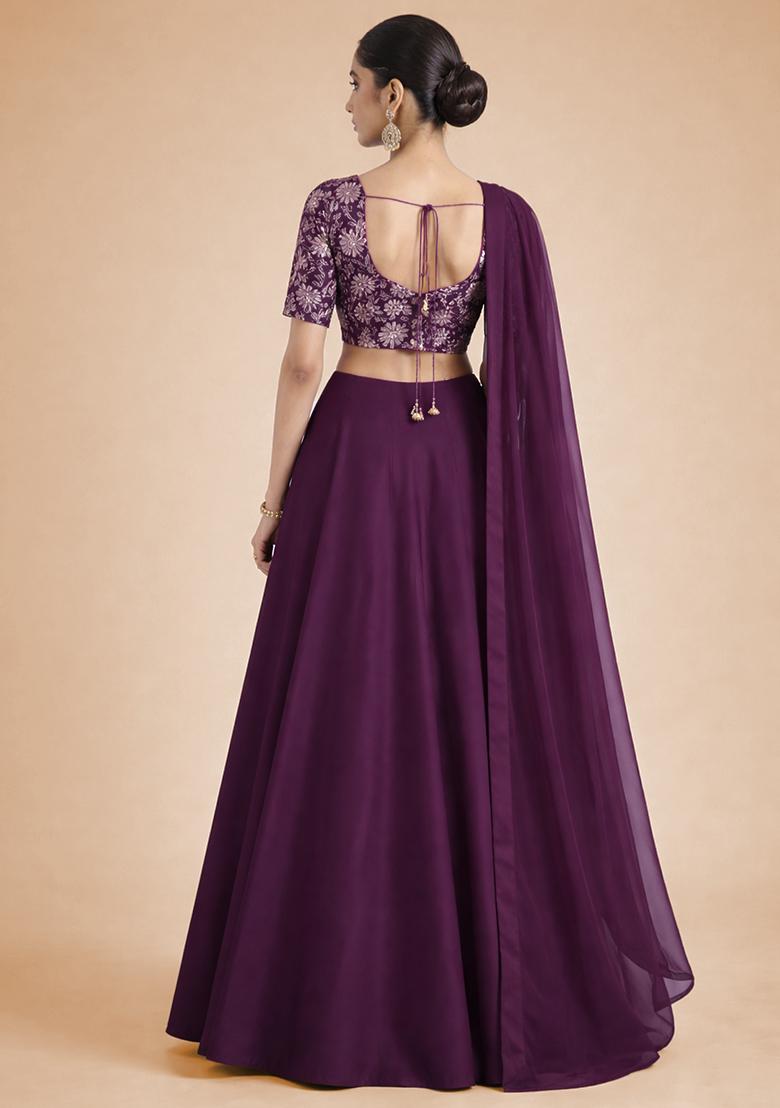 Wine Floral Print Crepe Lehenga Set - Indya