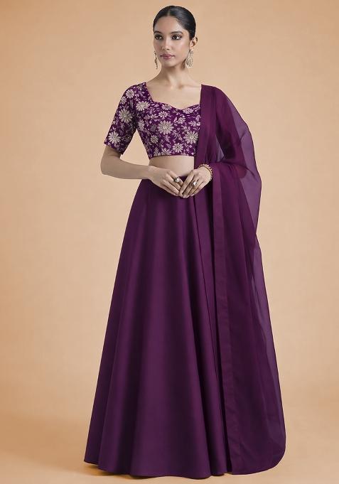 Wine Floral Print Crepe Lehenga Set