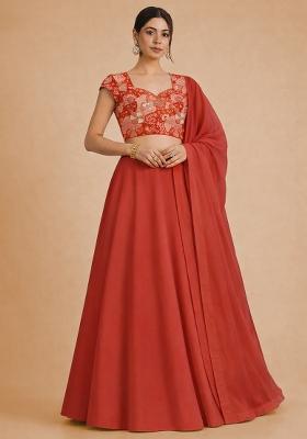 Coral Red Floral Print Crepe Lehenga Set