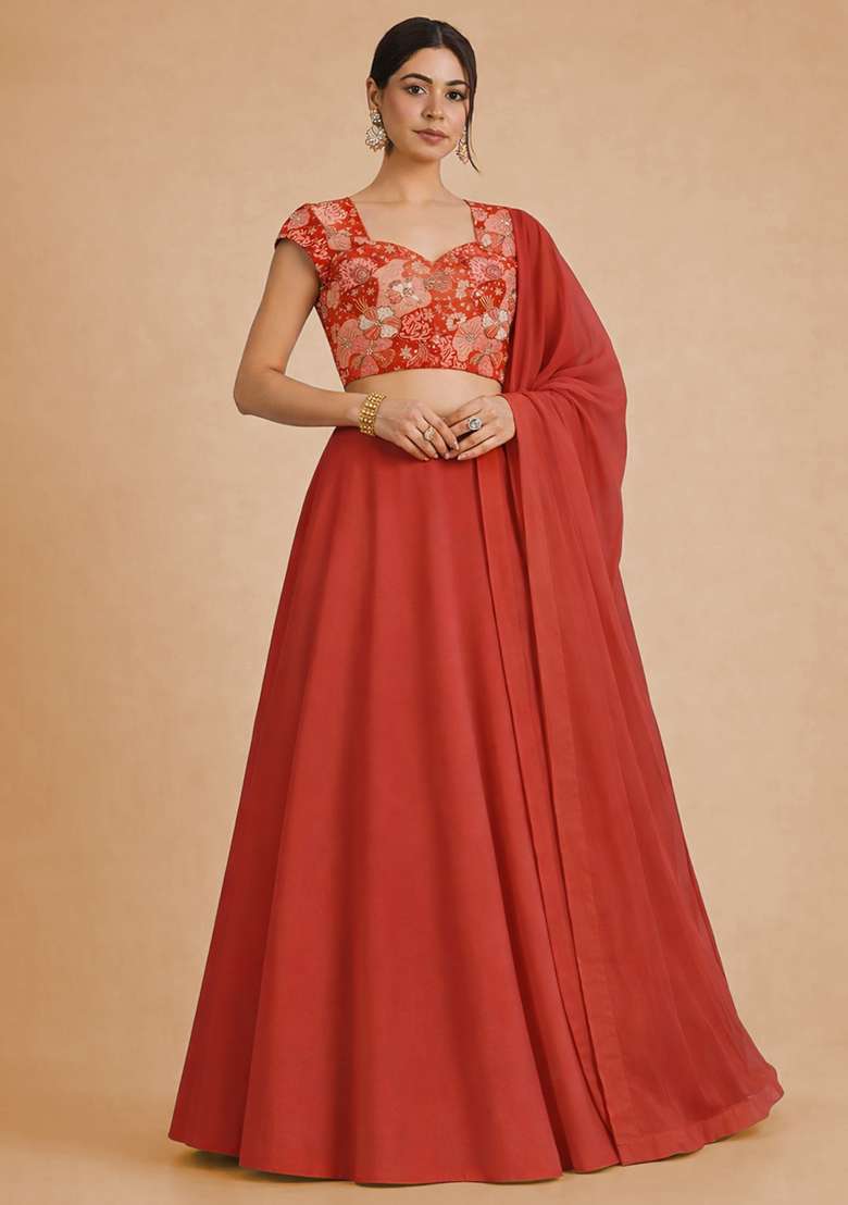Coral Red Floral Print Crepe Lehenga Set for Diwali and Festive Wear - Indya