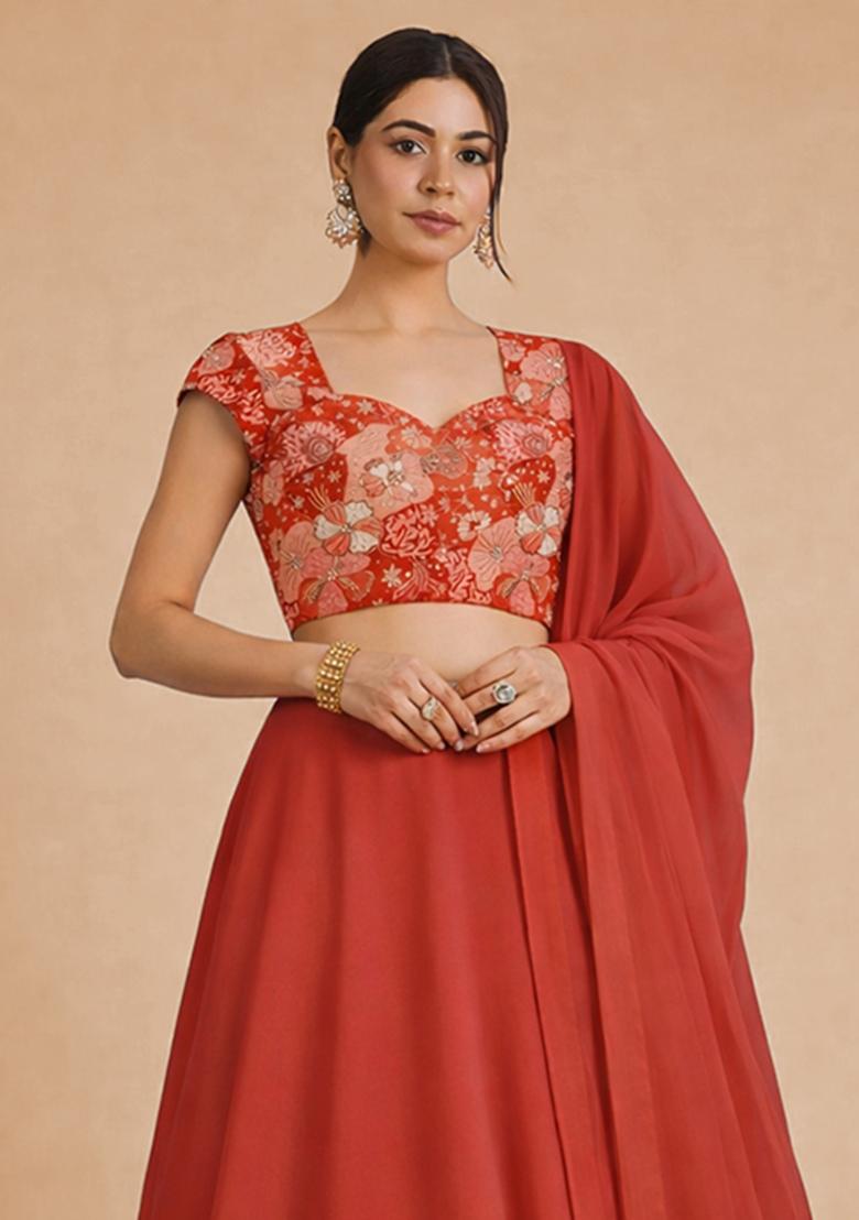 Coral Red Floral Print Crepe Lehenga Set - Indya