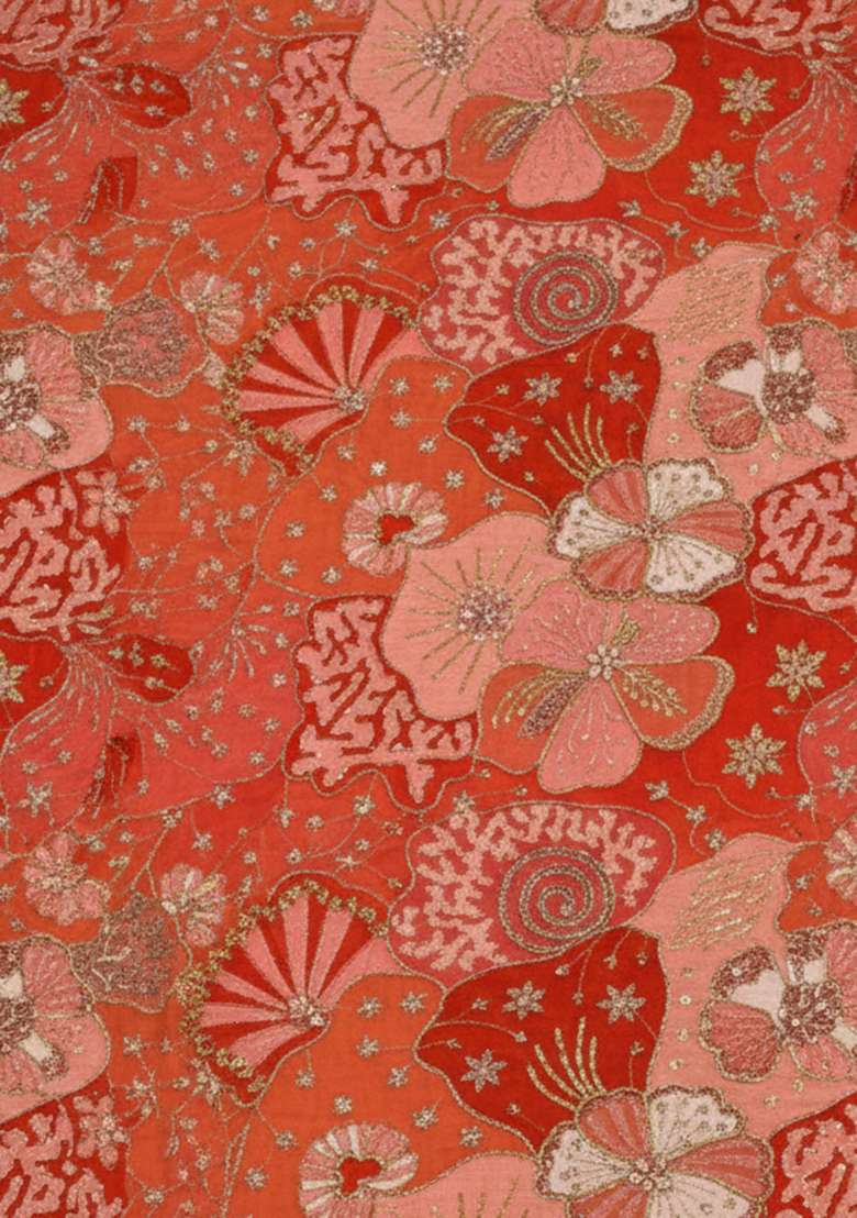 Coral Red Floral Print Crepe Lehenga Set for Diwali and Festive Wear - Indya