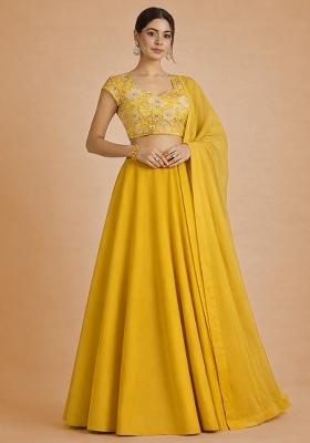 Yellow Floral Print Crepe Lehenga Set