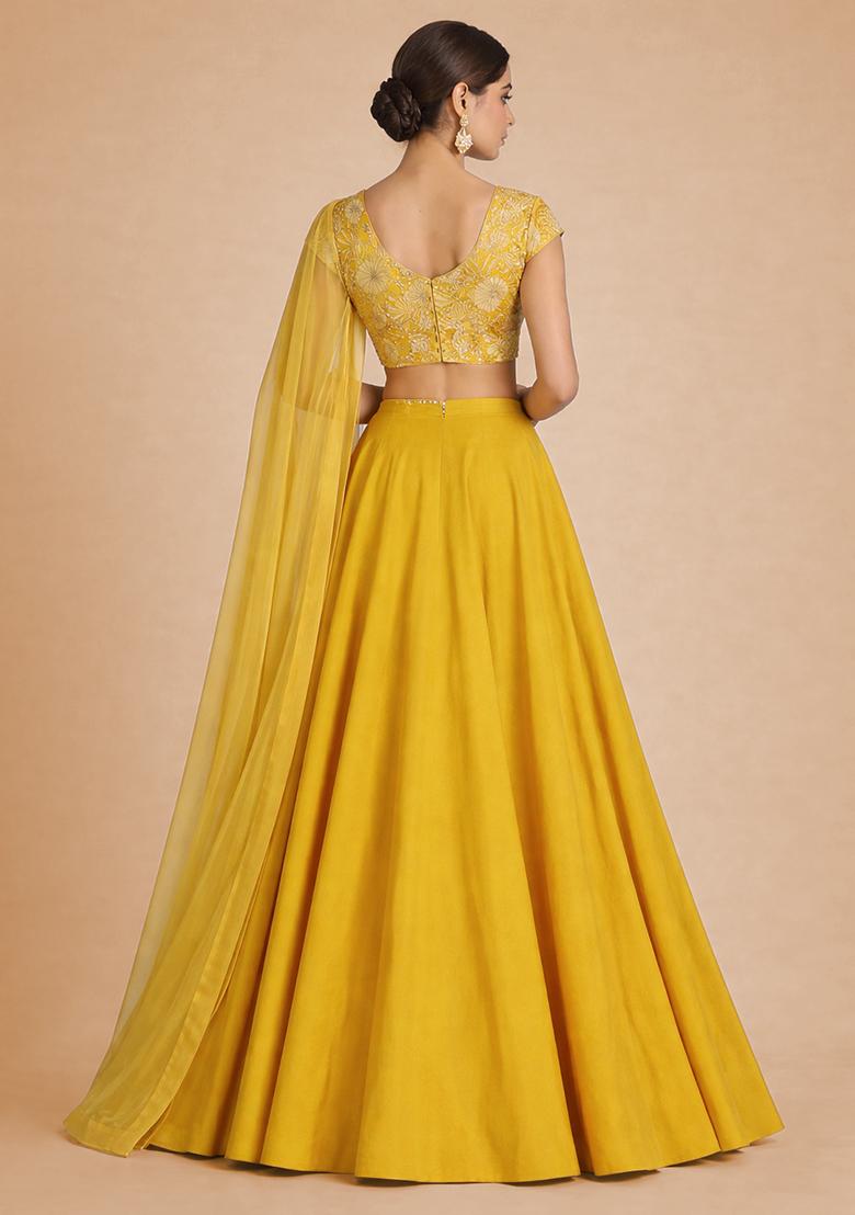 Yellow Floral Print Crepe Lehenga Set - Indya