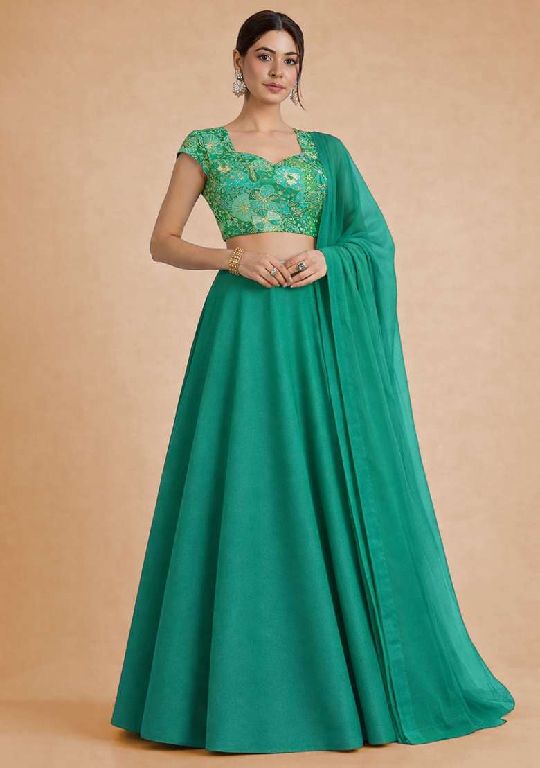Emerald Green Floral Print Crepe Lehenga Set for Diwali and Festive Wear - Indya