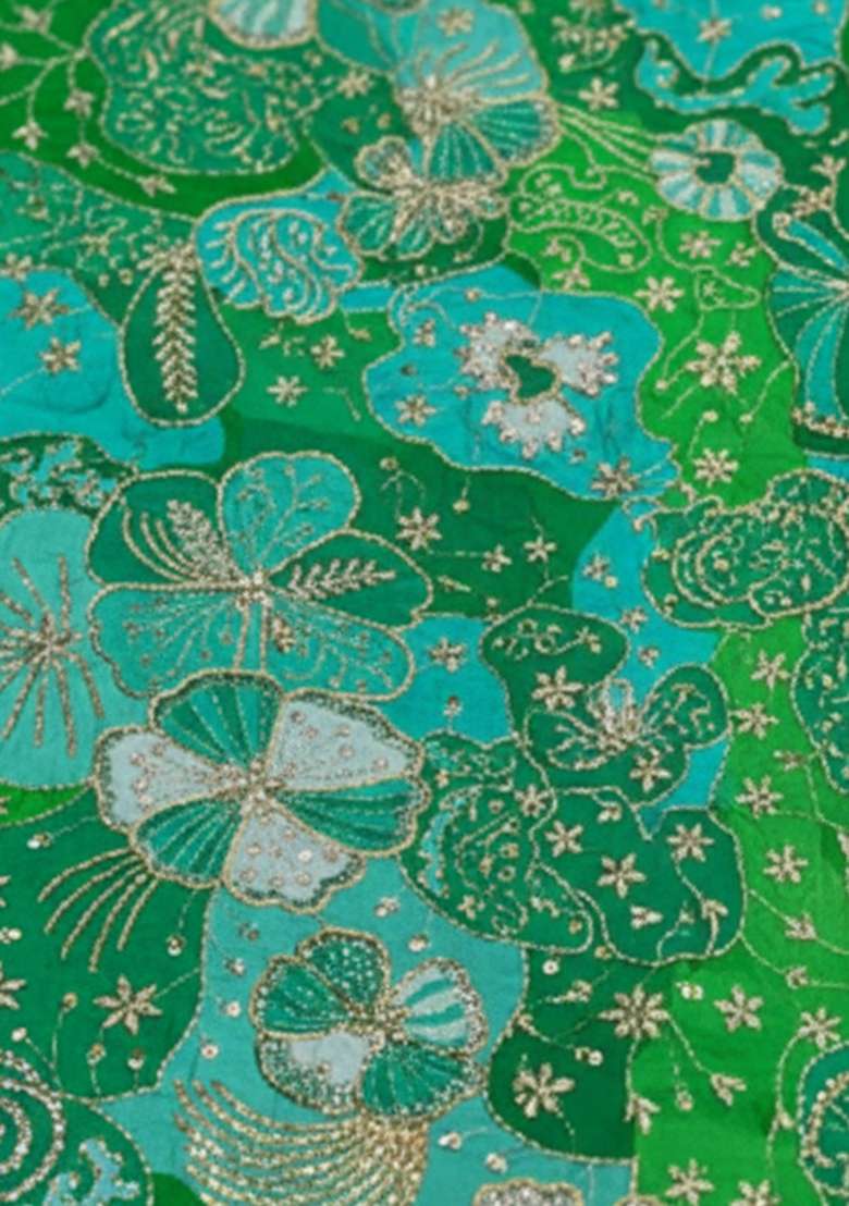 Emerald Green Floral Print Crepe Lehenga Set for Diwali and Festive Wear - Indya